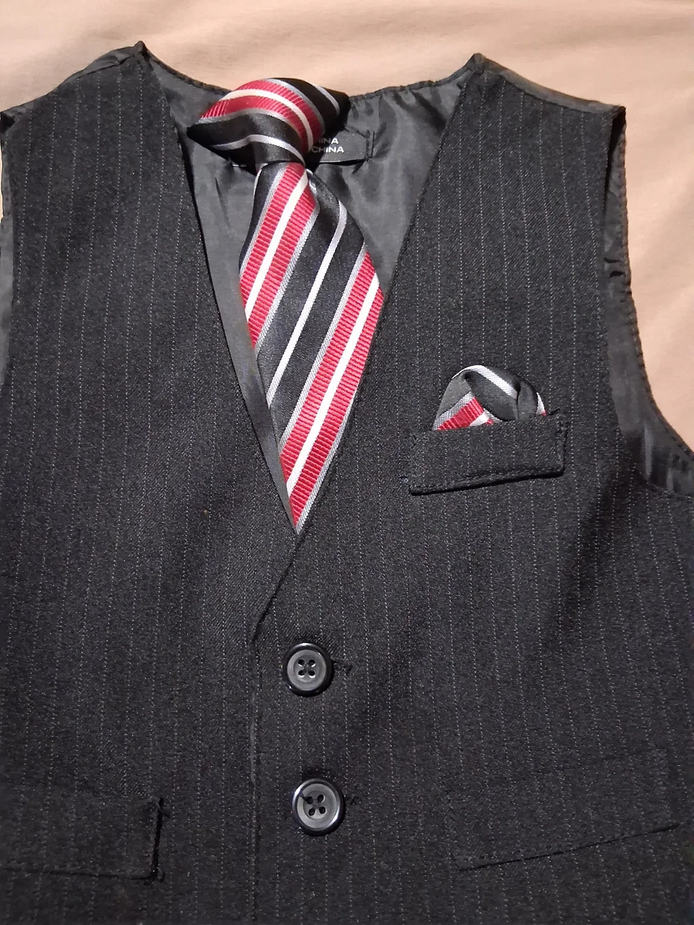 Baby Boy Suit Black Pants Pinstripe Vest Matching Set Red Stripe Tie 18M Outfit